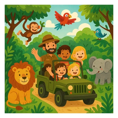digital illustration of jungle safari in the style of children's story book sticker