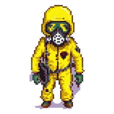 a zombie from the game DAYZ wearing a yellow hazmat suit with a black gasmask sticker