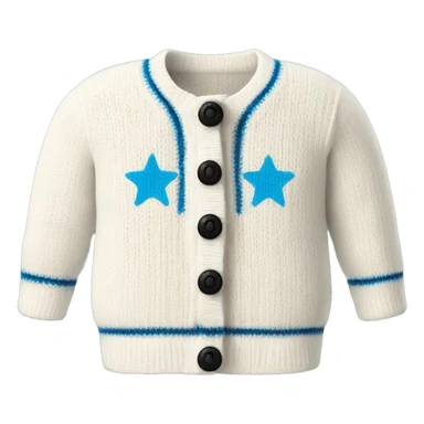 Knitted white cardigan with black detailing on the bottoms and sleeves and near the three buttons and three blue stars on each sleeve  sticker
