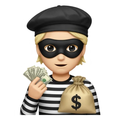 a short ios emoji-style portrait of a classic burglar, a black eye mask (looks like a blindfold) and a black-and-white striped shirt. emoji-like hair, black hat, ONE bag of money 💰 with a dollar sign in a right corner sticker