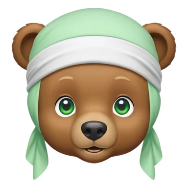 Cute brown bear head with green eyes wearing a white durag, hip style, iOS emoji style sticker