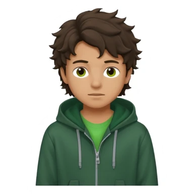 a 14 year old slightly tanned teenage boy with dark brown tousled wavy hair, wearing a green tshirt, with a dark green hoodie overcoat sticker