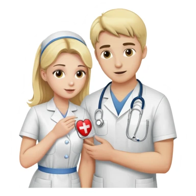 Blonde nurse examining male patient lower half sticker