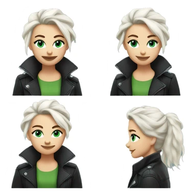 young woman with white hair in messy bun wearing a leather jacket with blue green eyes playful smirk sticker