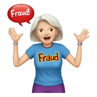 Older Woman jumping screaming and word “fraud” in a bubble sticker