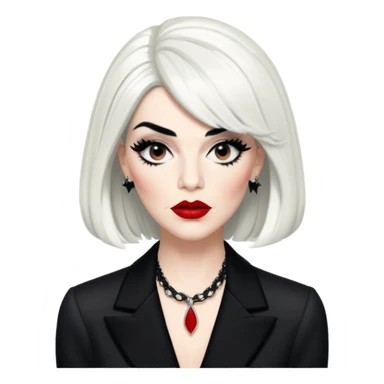 Moira Rose from Schitt's Creek with dramatic black and white outfit, bold red lips, distinctive black wig, and exaggerated expression sticker