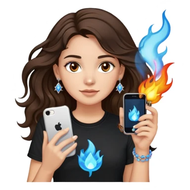 brunette girl with wavy medium length hair, brown eyes, light/medium skin tone, holding iPhone and light phone, wearing black tee shirt with flame pattern on it, small silver hoop earrings with blue gem stars, and colorful beaded charm necklace sticker
