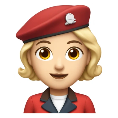 A white flight attendant in a red uniform and a red beret with brown eyes sticker