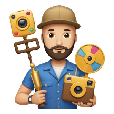 Strong bald man with beard and snapback, giant Instagram reel icon, stack of golden documents, trophy, minimal emoji sticker