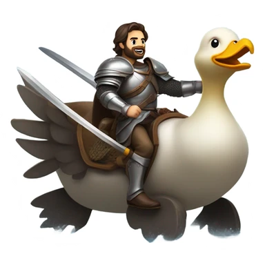 Confident armored White Man with dark brown hair and a short beard pointing forward with one arm holding a sword and yelling a battle charge while riding on the back of a giant duck sticker