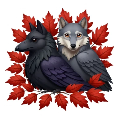 A raven bird and a wolf laying together with Weirwood leaves beneath them  sticker