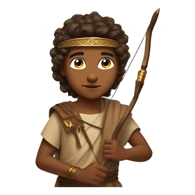 A Young Boy from the ancient Middle East with a brown headband, brown hair, brown skin, brown ancient Middle Eastern style clothes, using a bow and arrow and behind him is a Divine light. sticker