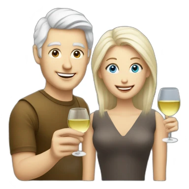 white man with blue eyes and grey hair toasting with a white wine together with white woman with brown eyes and blond hair and a white wine sticker