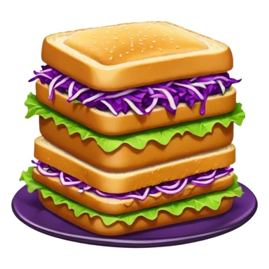 Spicy stacked chicken sandwich — two thick golden toast slices, a crispy breaded chicken fillet, green lettuce, and purple cabbage slaw, with glossy dark sauce dripping down the sides. sticker