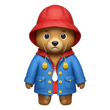 A bear in a red rain hat and a blue raincoat with yellow buttons down the middle sticker