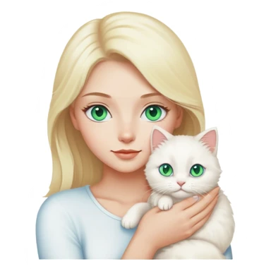 Mulher loira com olhos azuis segurando gatinho peludo branco de olhos verdes sticker