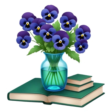 Aesthetically arranged books in dark green and next to them a bouquet of blue pansies in a light green glass vase sticker