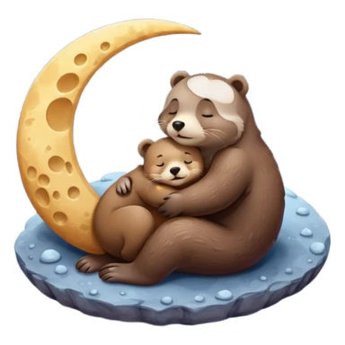 otter hugging a bear sleeping together on the moon sticker