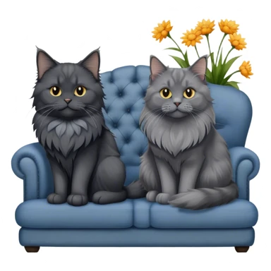 A black smoke Maine Coon cat with long gray ear tufts and a large gray ruff, and a thick blue British Shorthair cat, sitting together on a couch. A cozy room with flowers in the background. Transparent background. sticker
