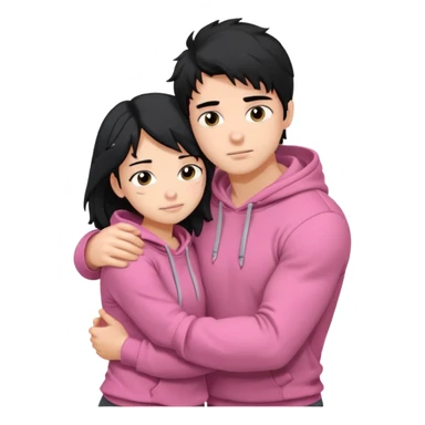 generate a pretty bratz fair skinned boy with messy black hair in a grey hoodie. Hugging his girlfriend who is wearing pink. Make him muscled. Boy in grey hoodie, girl in pink sticker
