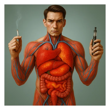 Create an identical copy of the reference image: hyperrealistic 4K medical illustration of a realistic human anatomical body, highlighting inflamed liver and intestines, a man holding a lit cigarette in his right hand and an electronic cigarette in his left hand, in the exact style of the reference image. sticker