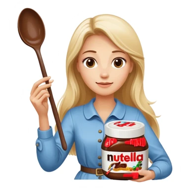 Nutella with a spoon. The glas of Nutella is almost empty . Next to the Nutella is the head of a blond woman who is looking forward to eat the Nutella. The hair of the woman needs to be longer. She is holding a big carriage of Nutella in her right hand and a oversized spoon in the other  sticker