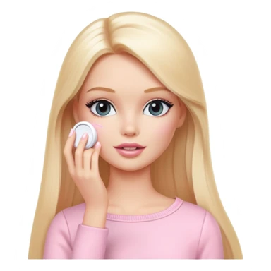 A white Barbie girl with long blonde straight hair in pale pink clothes smears by hand cosmetic cream on her face sticker