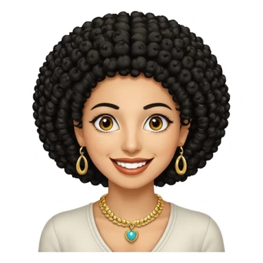 30 year old iranian woman very short curly black hair, big brown eyes, tanned skin, big smile, white teeth, pretty, afro sticker