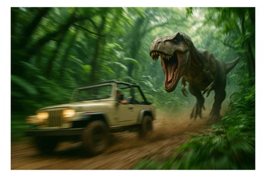A jeep chased by a dinosaur, referencing Jurassic Park, dynamic action and adventure vibes, motion blur, jungle environment sticker