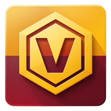 hexagon emblem with a thick yellow-to-gold outline and a dark red gradient inside. In the center, place a bold capital letter V in the same yellow-to-gold gradient as the outline. Keep the shapes clean and geometric, with smooth color transitions and no background color. sticker