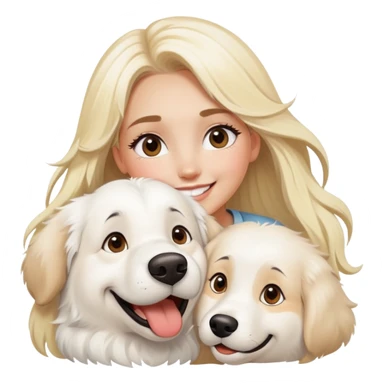 A very large a goofy looking Great Pyrenees and a blonde girls with long eyelashes who loves him and is smiling brightly  sticker