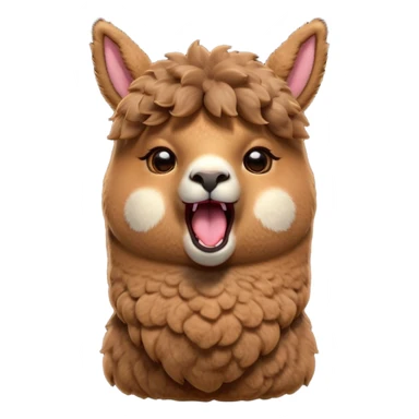 Cinematic Cute Yawning Brown Alpaca Portrait Emoji, Head tilted slightly with a dramatic, wide-open yawn, showcasing a soft, plush brown fleece with gently drooping ears, round warm eyes barely open in drowsy contentment, Simplified yet irresistibly adorable features, highly detailed, glowing with a soft, cozy glow, high shine, relaxed yet expressive, stylized with a touch of whimsy, bright and endearing, soft glowing outline, capturing the essence of a sleepy yet affectionate alpaca, so drowsy it feels like it could stretch out of the screen and curl up for a nap! sticker