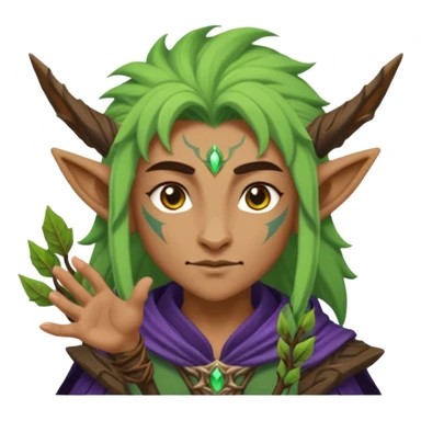 night elf druid, simplified and bold, clear facial expression, with animal features or nature magic, fun and readable at small size, sized and composed for Twitch emoji, no text sticker