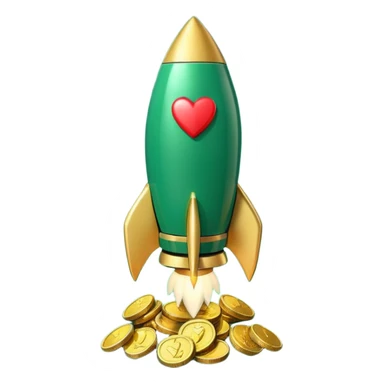 3D rocket with coins and hearts, deep green color (#0B3D2C), gold accents (#C9B037), cream highlights, glossy modern style, transparent background sticker