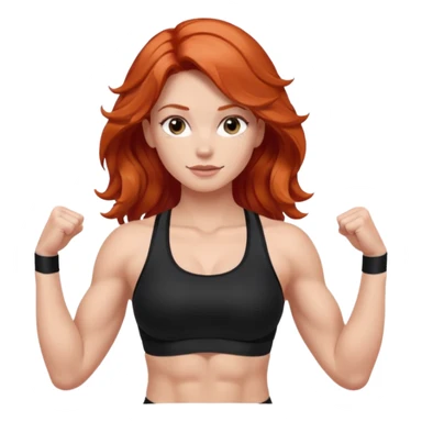 Athletic girl with long light red wavy hair and smaller boobs bigger arms. middle part and black sports bra sticker