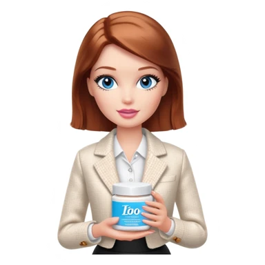 A Barbie girl with blue eyes, shoulder-length reddish-brown hair with makeup, wearing a white tweed jacket and a black skirt, holds pale beige body moisturizer cream pot sticker