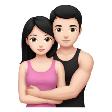 a pretty bratz fair girl. black hair, wearing a pink cami top, she is hugging a handsome fair guy with black hair. lean but muscular.the boy is wearing a black tshirt sticker