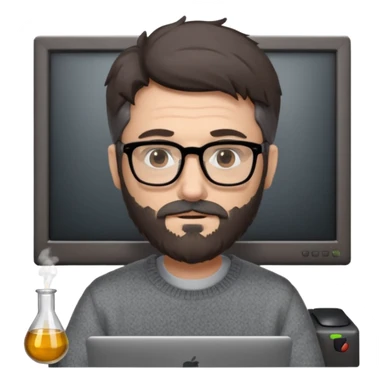 Profesor de pelo gris marrón oscuro con gafas un poco de barba jersey gris y un ordenador los óleos son marrones sticker