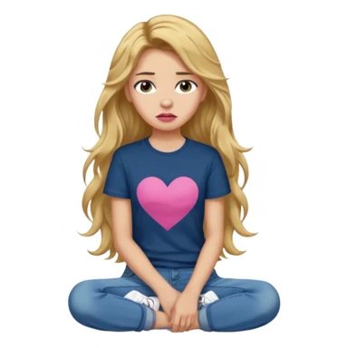 > 14-year-old girl, 161cm, slender, long wavy golden hair, tan skin, full pink lips, long lashes, thick eyebrows, dark blue t-shirt, faded jeans, black sneakers, quiet sadness in her expression, soft moody lighting, ultra-realistic portrait. sticker