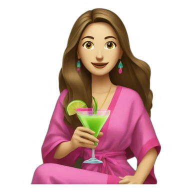Caucasian woman with long brown hair sitting on a brown couch in front of a light green wall in a colorful caftan holding a pink cocktail sticker
