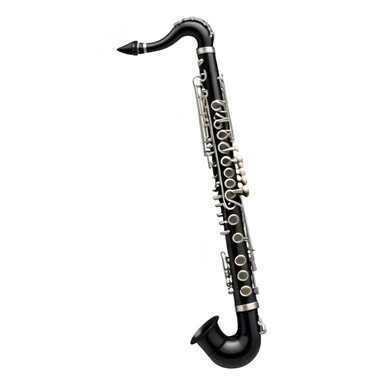 Create a sleek and professional emoji representing a black standard clarinet. The design should feature the smooth, black finish of the clarinet’s body with its shiny metal keys clearly visible. Highlight the mouthpiece with the reed at the top of the instrument. Include subtle details like the metal rings and key pads to emphasize its high-quality construction. Use black and silver tones to capture the classic and refined look of a traditional clarinet. Add soft musical notes around the instrument to evoke its melodic sound. The background should be transparent. sticker