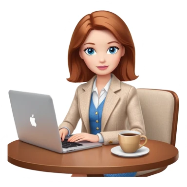 A Barbie girl with blue eyes, shoulder-length reddish-brown hair, made-up, wearing a white tweed jacket and beige skirt, is sitting at a table with a MacBook and a cup of coffee sticker