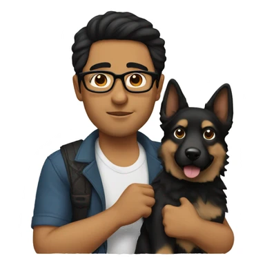 a Mexican man with black hair and glasses holding a German Shepard  sticker