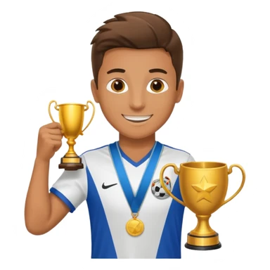 happy soccer player with a first-place medal and a trophy sticker