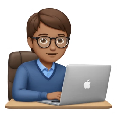 memoji of a man with a laptop in front, apple-style,modern,brown hair light skin ton and natural emotion looking on his pc sticker