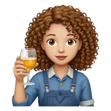 Curly haired curl with brown hair and light skin in overalls toasting with alcohol sticker
