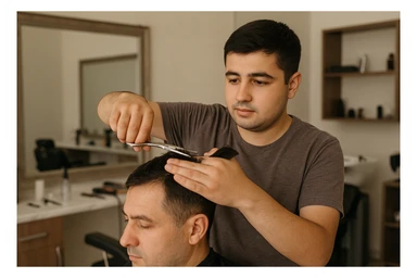 shu odamni sartaroshxonada mijozlarni sochini olayotganin  tasvirlab ber juda yosh ham katta ham bo'lmasin semiz ham bo'lib ketmasin o'smirin davrini sticker