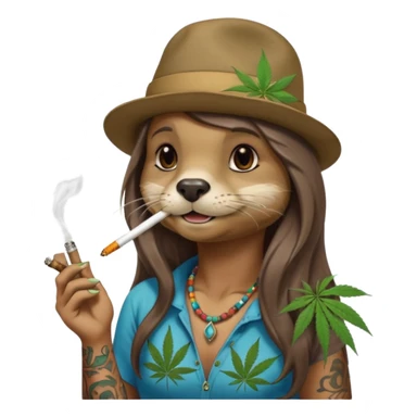 a female otter with long hair smoking a joint surrounded by marijuana fumes. a bit california hippy vibe, with tattoos sticker