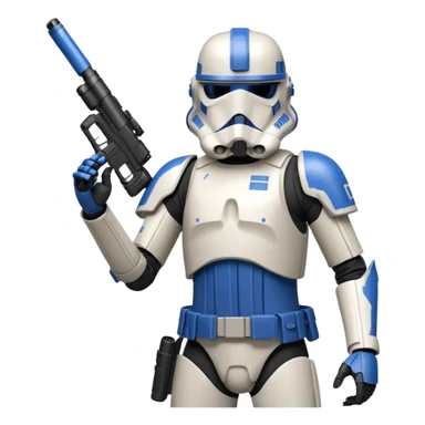 A starwars 501st clonetrooper with rally makes on the helmet holding his blaster in his left hand aiming the gun up with elbow bent so it’s not above the head sticker