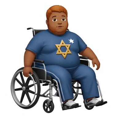Obese Down syndrome black man with ginger hair in a wheelchair with a Jewish symbol  sticker